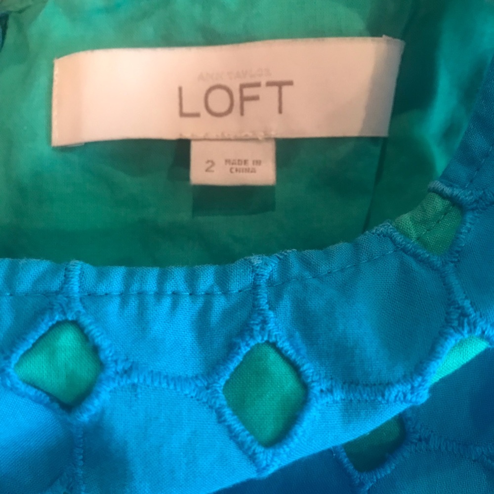LOFT turquoise/green A-line eyelet mini dress, size 2 - Picture 3 of 7